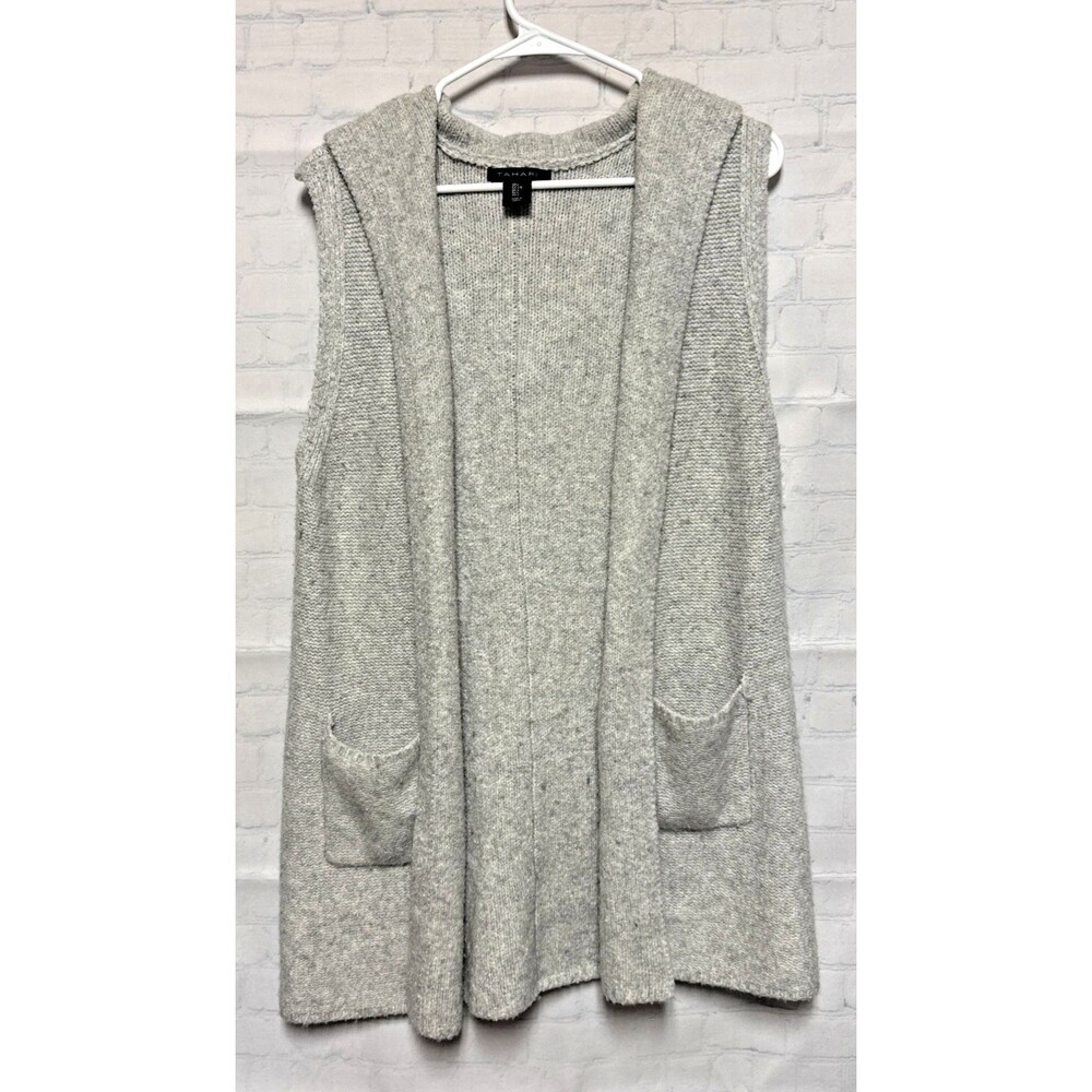 Tahari Gray Wool Blend Long Sleeveless Vest Cardigan Sweater hood Large